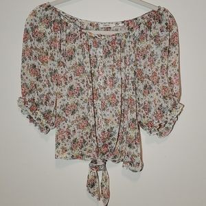Floral Button-Up Peasant-Style Blouse w/ Ties